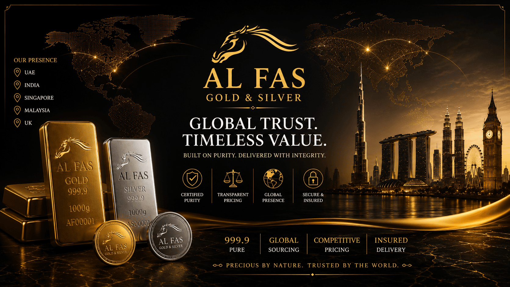 AL FAS Gold & Silver — global trust, timeless value. Certified purity, transparent pricing, secure and insured delivery.