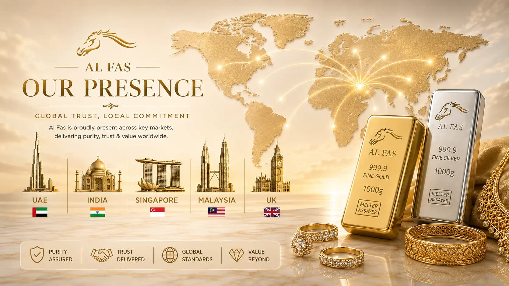 AL FAS Our Presence — global trust, local commitment. Offices across the UAE, India, Singapore, Malaysia, and the UK.