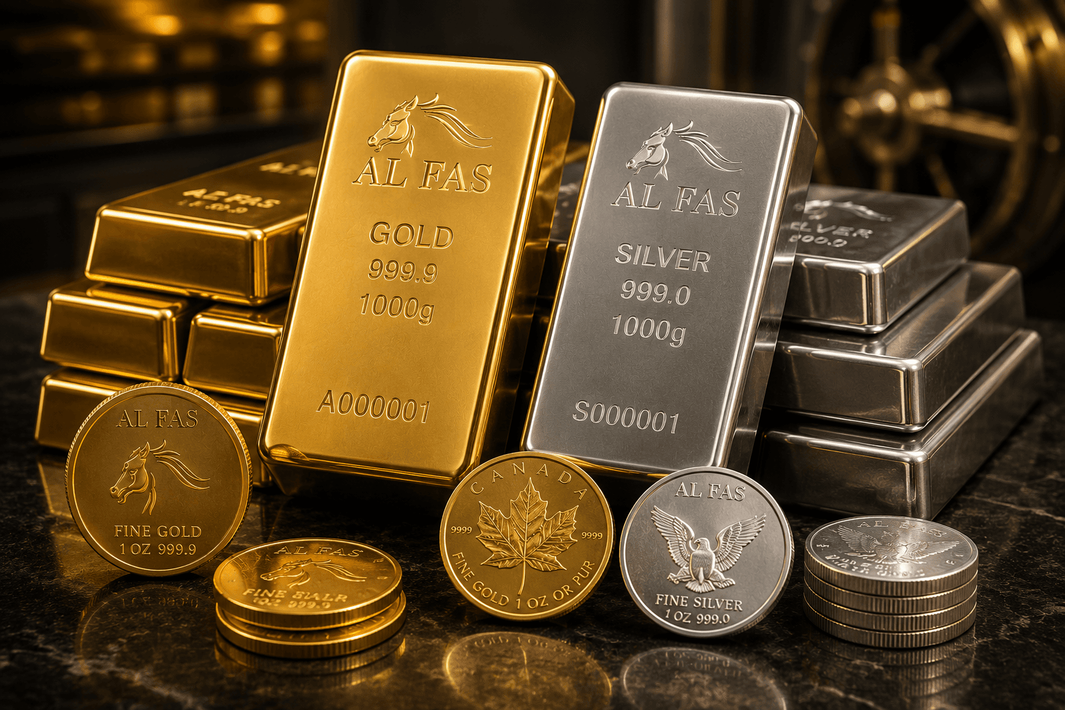 AL FAS branded gold and silver bullion bars and coins in front of a vault door
