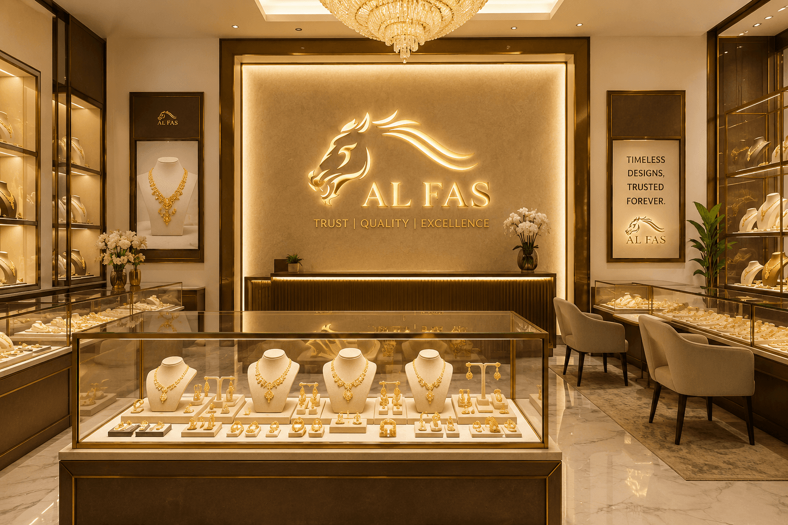 AL FAS retail showroom with an illuminated logo wall and glass display cases of gold jewellery